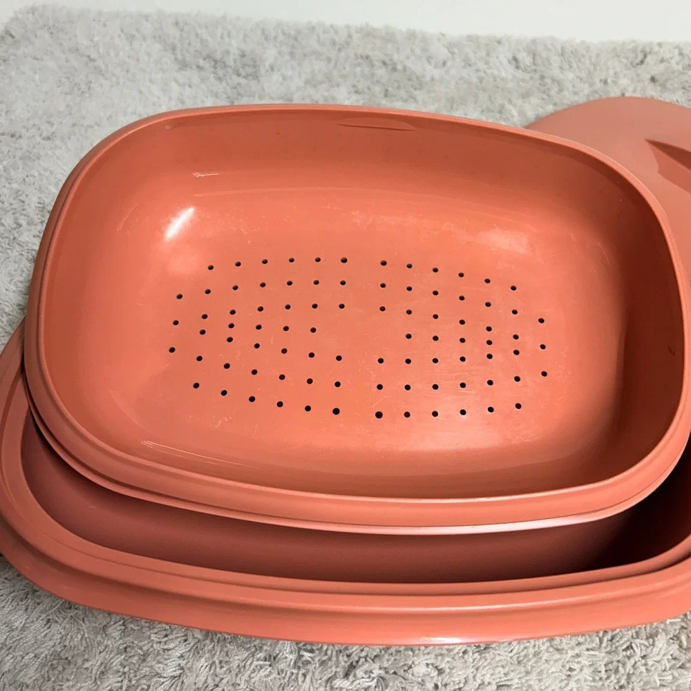 Tupperware Microwave Food Steamer 3 Pieces 6 Cup Dusty Rose Pink #1273-3 Vintage